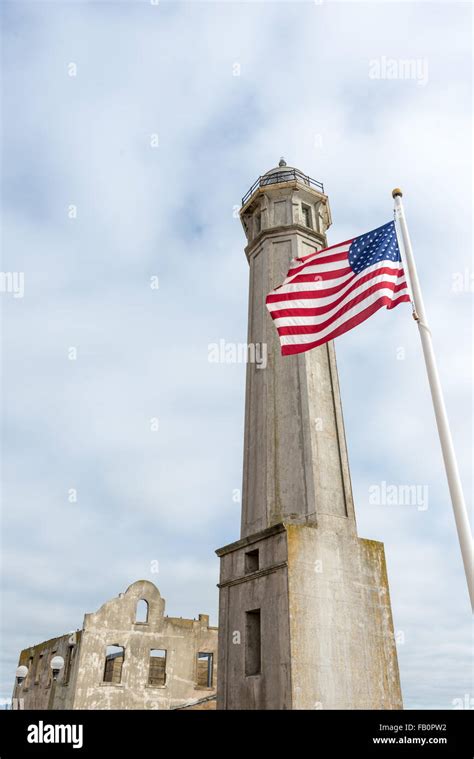 Lighthouse Governor S Residence And US Flag On Alcatraz Island Close