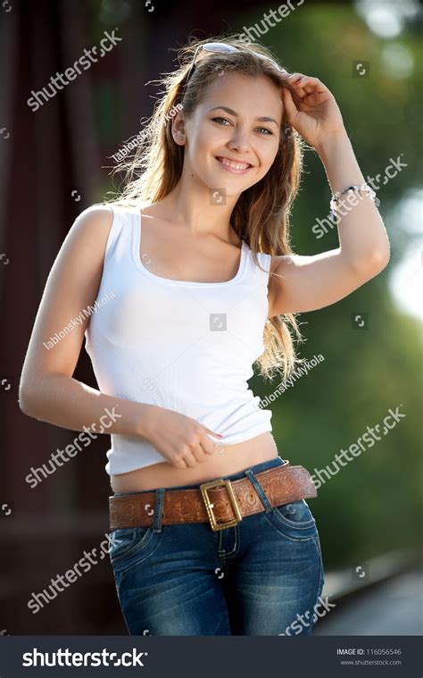 Beautiful Brunette Girl Jeans Tshirt Posing Stock Photo Shutterstock