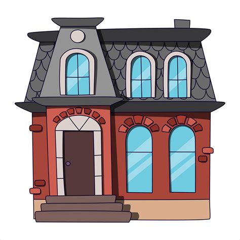 Cartoon Illustration Of A Red Brick House With A Mansard Front