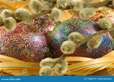 Pussy Willow And Easter Eggs On A Table Closeup Stock Photo Image Of