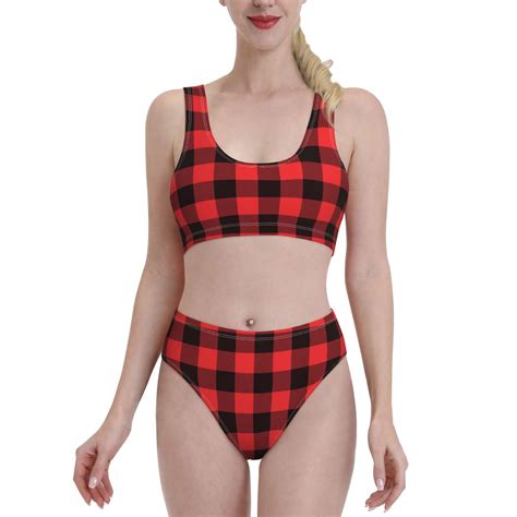 Adobk Buffalo Plaid Red Black Print Women High Waisted Bikini Set