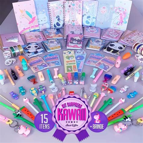 Caixa Surpresa Papelaria Fofa Kawaii Kit 15 Itens Brinde