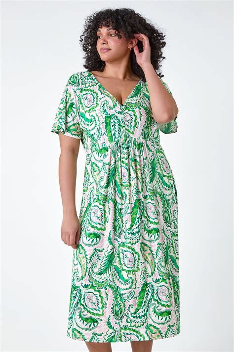 Green Curve Ruched Front Paisley Print Dress Roman UK