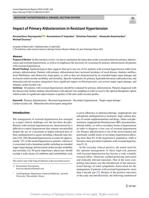 Impact Of Primary Aldosteronism In Resistant Hypertension Request PDF