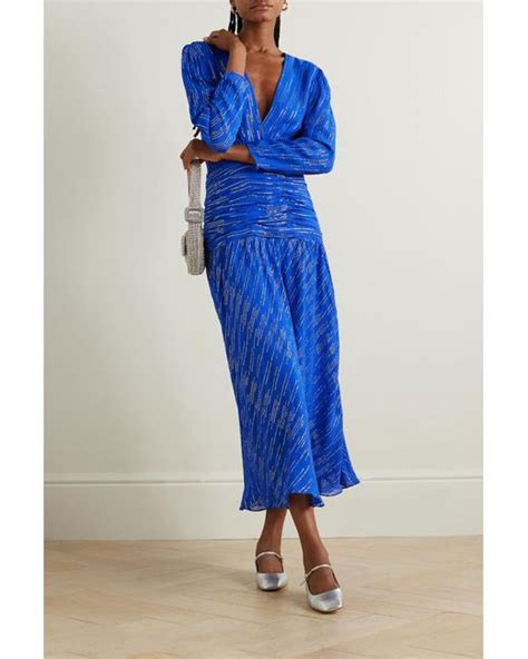 Rixo London Racquel Ruched Metallic Jacquard Midi Dress In Blue Lyst