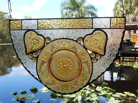 Vintage Depression Glass Stained Glass Transom Window Sandwich Glass Stained Glass