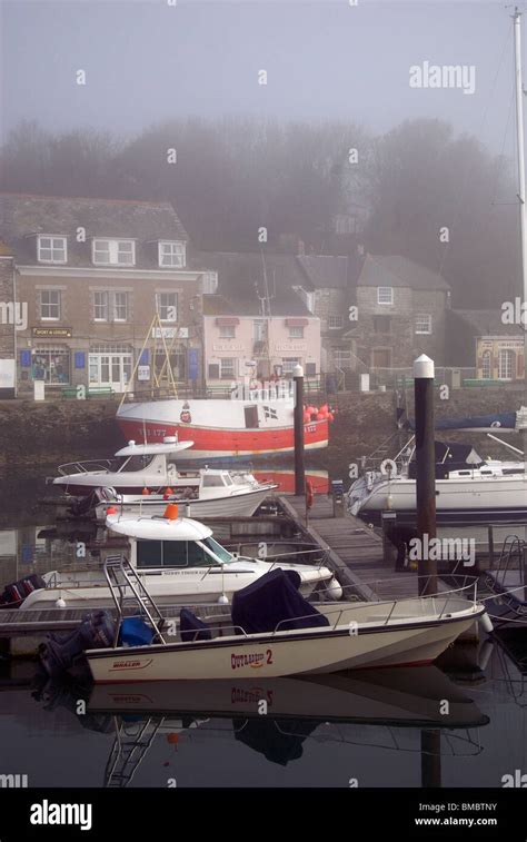 Padstow Cornwall Uk Harbor Harbour Quay Marina Fishing Boats Mist Stock