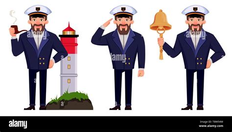 Captain Of The Ship In Professional Uniform Set Of Three Poses Handsome Cartoon Character