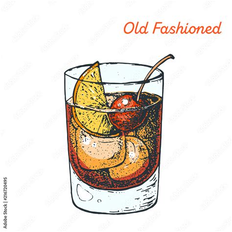 Old Fashioned Cocktail Illustration Alcoholic Cocktails Hand Drawn