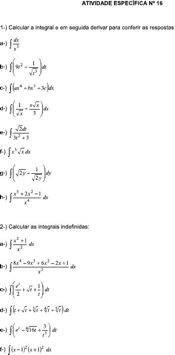 Lista de exercícios integrais indefinidas Derivada Primitiva