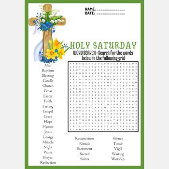 HOLY SATURDAY word search puzzle worksheets activity by Mind Games Studio