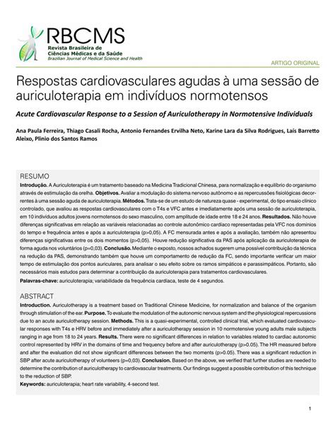 Pdf Artigo Original Respostas Cardiovasculares Agudas Uma