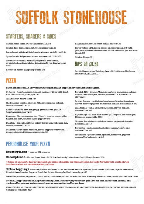Menu at Suffolk Stonehouse pizzeria, Bungay