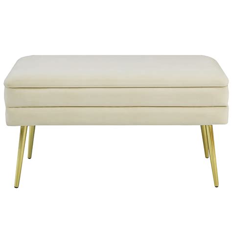 Soft Ass Modern Velvet Storage Bench Upholstered Footrest Ottoman With Gold Metal Legs Apply