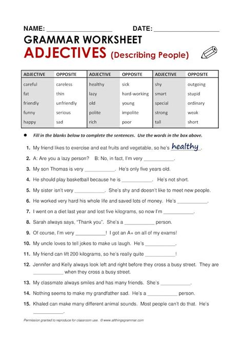 (PDF) NAME: DATE: GRAMMAR WORKSHEET ADJECTIVES (Describing People ...