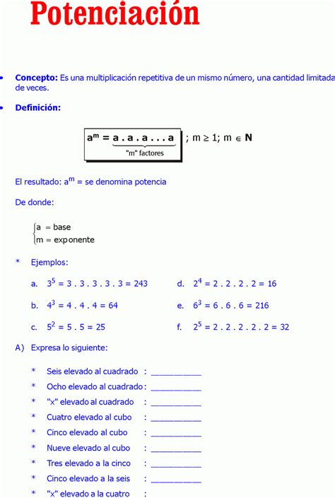 POTENCIACIÓN Y EXPONENTES EJEMPLOS Y EJERCICIOS RESUELTOS DE PRIMARIA O