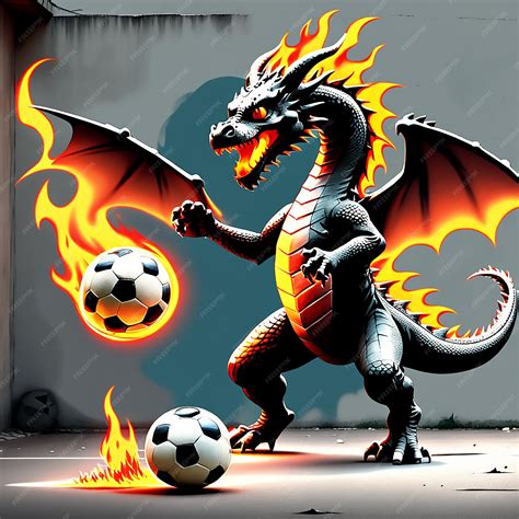 Premium Ai Image A Dragon Playing Soccer With A Flaming Ball In The