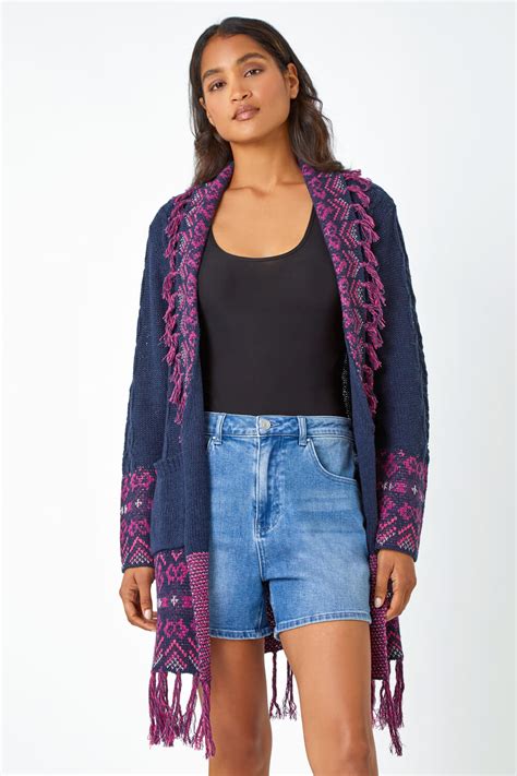 Midnight Blue Aztec Fringed Longline Cardigan Roman Uk