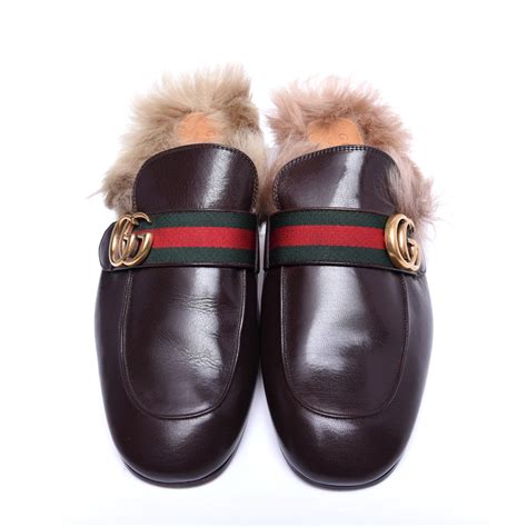 Gucci Calfskin Fur Mens Princetown Web Double G Slippers Slides 75