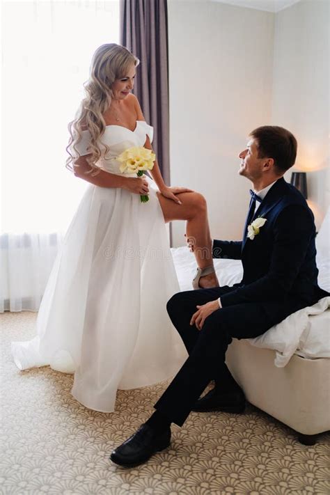 Gentle And In Love Blonde Bride And Groom In The Bedroom Stock Photo Image Of Portrait Bride