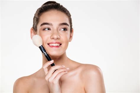 Free Photo Attractive Half Naked Woman With Fresh Skin Holding Brush For Makeup Close To Face