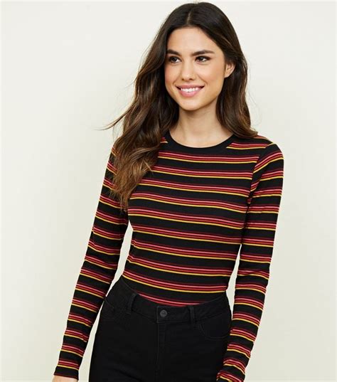 Black Multi Stripe Ribbed Long Sleeve Top New Look Tops Long