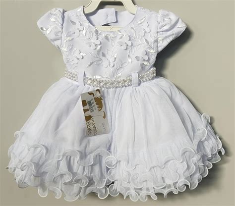 Vestido Infantil Branco Renda Aplique Borboletas Batizados Rosa