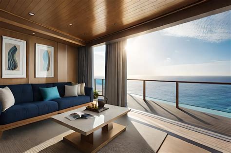 Premium Photo | A living room with a balcony and a view of the ocean.