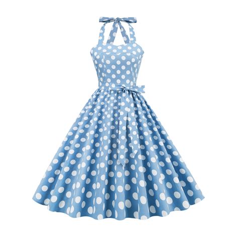 Robe Trapèze Bleue Vintage à Pois Blancs Des Années 50 Retro Verso