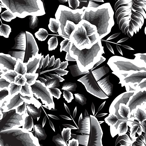 Black And White Botanical Seamless Pattern On Dark Background