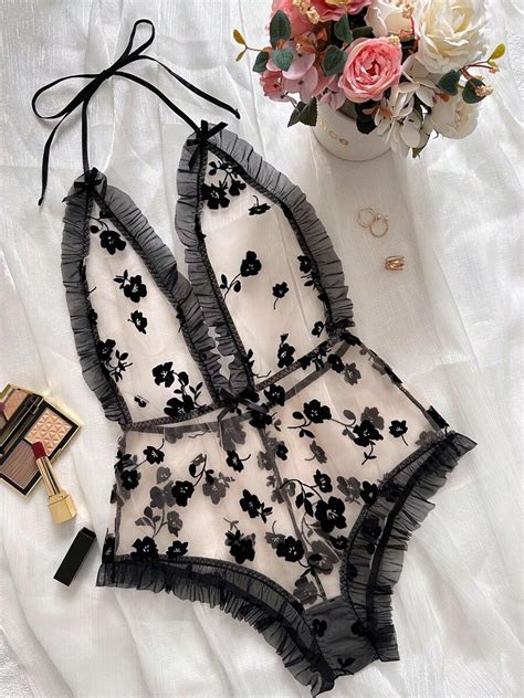 Women S Sexy Lingerie Summer Net Floral Strap Deep V See Through Ruffle Edging Teddy Jumpsuit