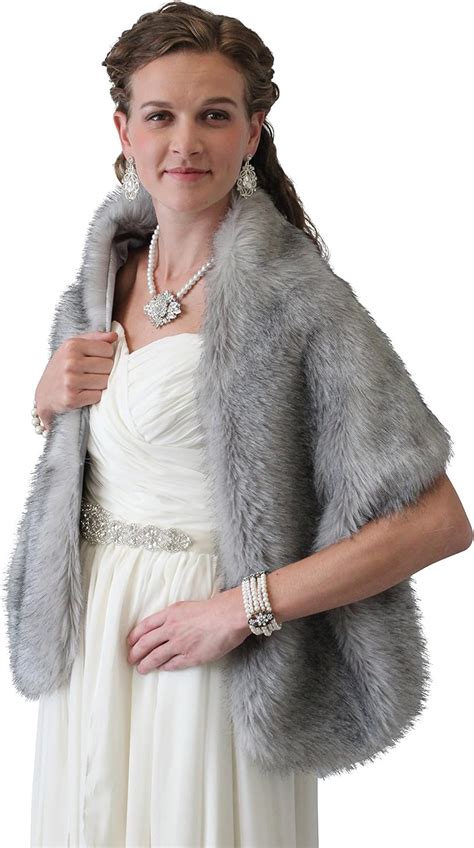 Tion Design Womens Faux Fur Stole Bridal Wrap One Size Grey Free Brooch At Amazon Womens