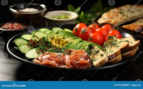 Freshness On Plate Grilled Meat Tomato Bread Salad Pork Generated