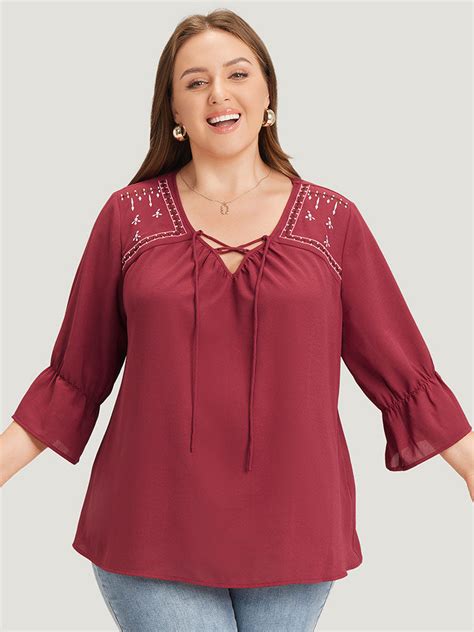 Plain Embroidered Lace Up Bell Sleeve Blouse Bloomchic