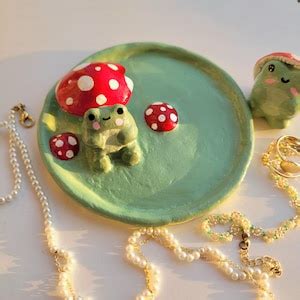 Frog Clay Dish Mushroom Jewelry Tray Painted Ceramic Plate Frog Ring