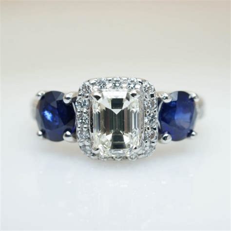 Vintage Sapphire Engagement Ring Oval Sapphire Emerald Cut Diamond Engagement Ring Wedding Band ...