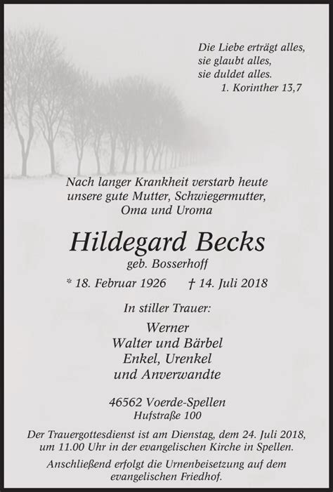 Traueranzeigen Von Hildegard Becks Trauer In NRW De