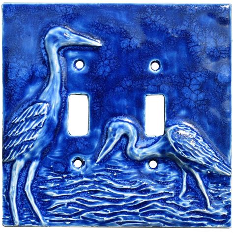 Egrets Ceramic Double Toggle Light Switch Cover In Sapphire Blue Glaze Etsy