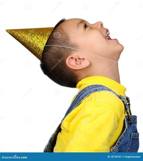 Boy in Party Hat Looking Up Laughing Stock Image - Image of child