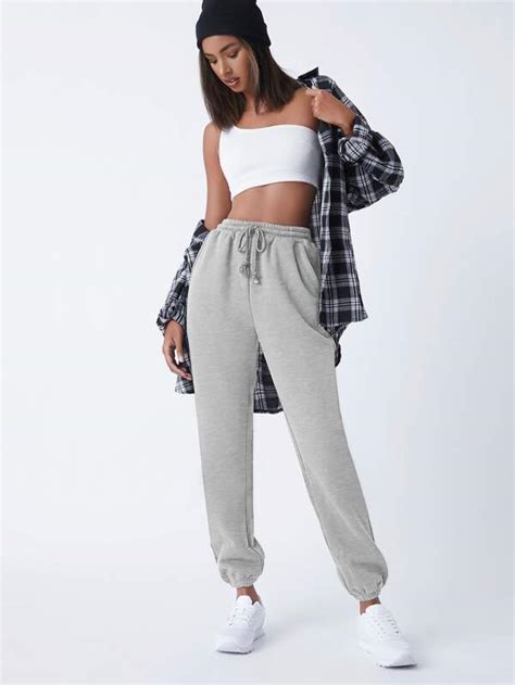 Shein Basics Cotton Drawstring Waist Slant Pocket Solid Fleece Joggers