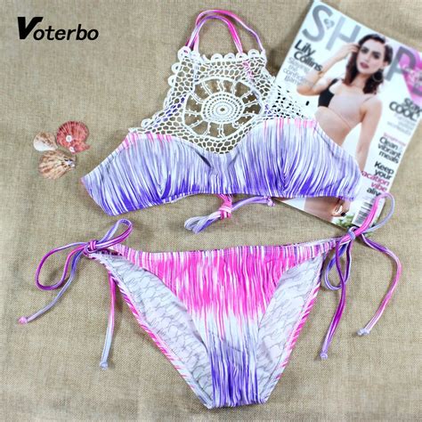 Voterbo Women S Pieces High Neck Crochet Bikini Set Halter Lace