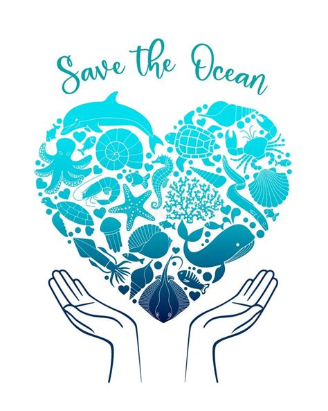 Save The Ocean Template Heart Shaped Silhouettes Of Sea Life On The