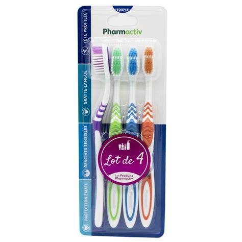 PHARMACTIV Lot de 4 Brosses à Dents Souples ADULTE Tête Profilée