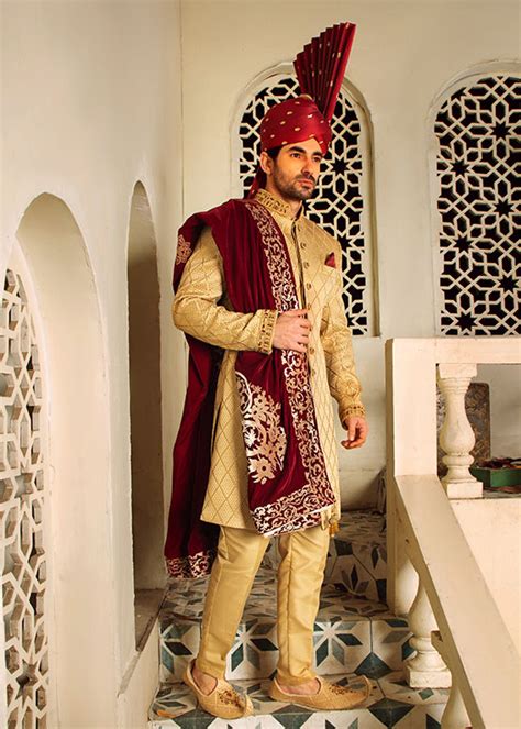 Buy Golden Self Texture Sherwani For Groom Shameel Khan