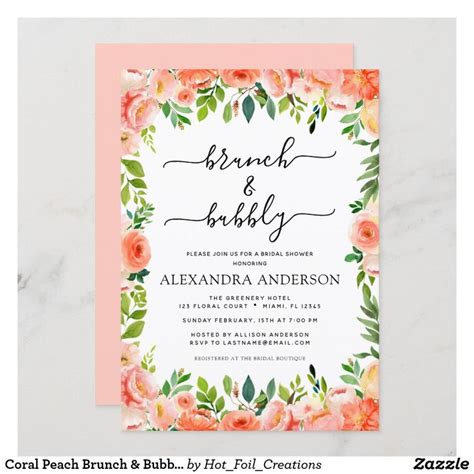 Coral Peach Brunch Bubbly Bridal Shower Invitation Zazzle Coral