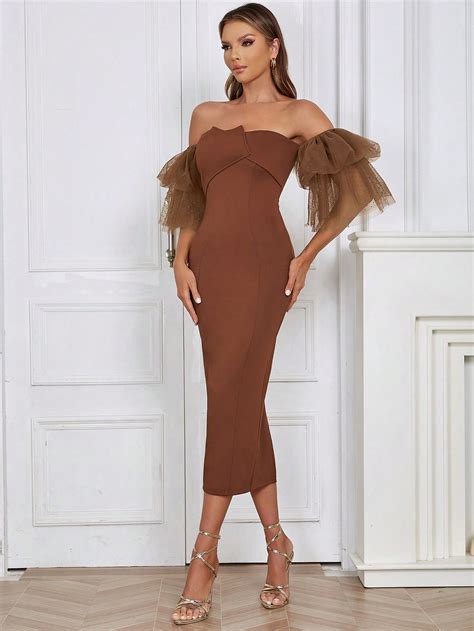 Robe Moulante Col Bardot Avec Tulle À Volants Fendu Mode en ligne