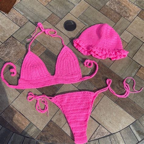 Handmade Hot Pink Crochet Bikini Top Bottom And Hat Crochet Fashion