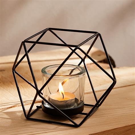 Geometrical Black Metal Round Glass & Metal Tea Light Candle Holder ...