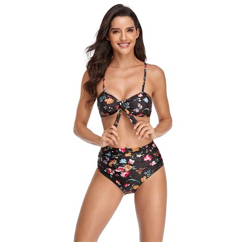 Nylon Spandex Floral High Quality Women Sexy Bikini Set With Wrinkled High Waist And Tie China