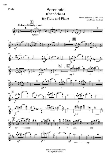 Serenade D By Schubert Flute And Piano Individual Parts Arr